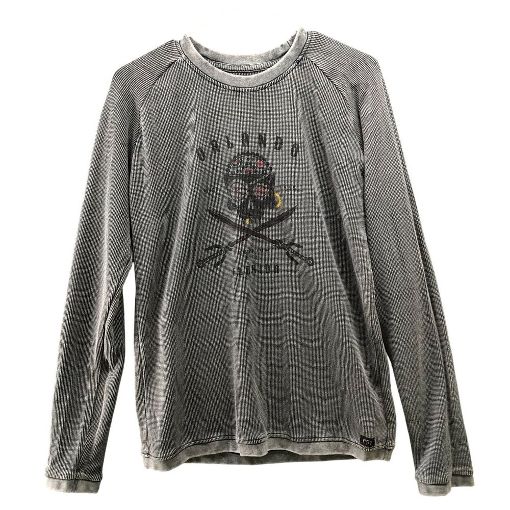 Orlando Florida Pirate Skull T Shirt Mens M Long Sleeve Waffle Knit Gray Sunwash